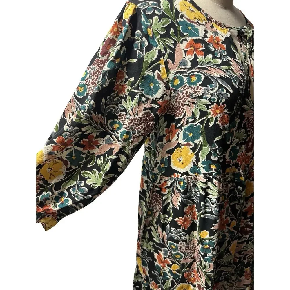Natural Life Womens Maxi Dress Sz M Boho Black Yellow Floral 3/4 Sleeve Rayon - Picture 4 of 8